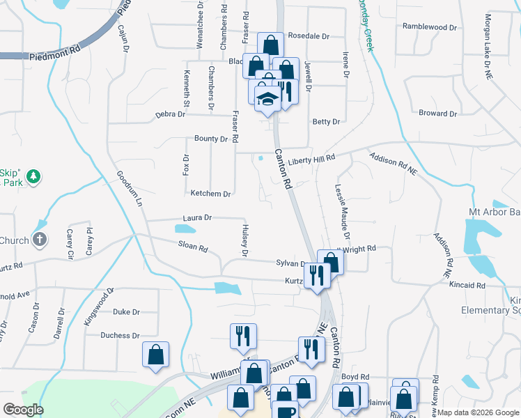 map of restaurants, bars, coffee shops, grocery stores, and more near 2323 Chimney Cottage Circle Northeast in Marietta
