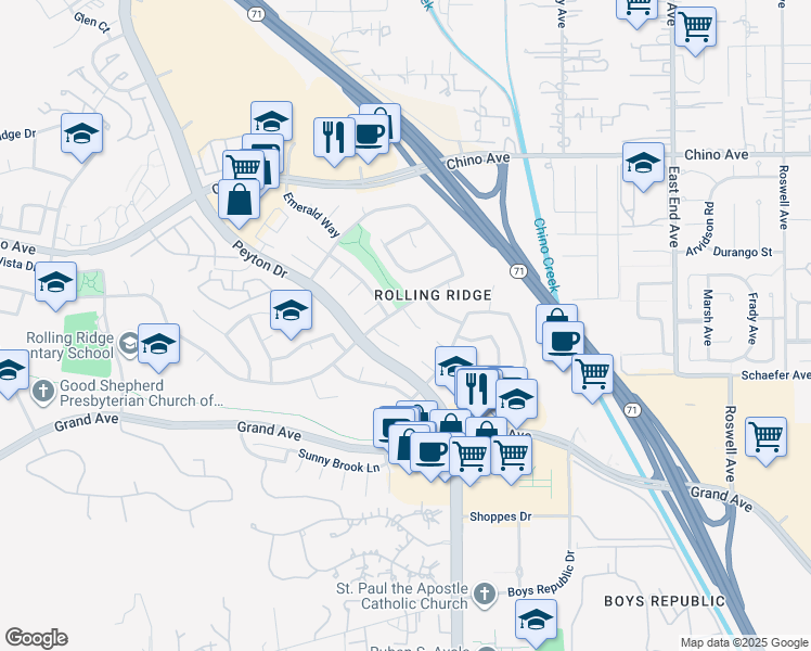 map of restaurants, bars, coffee shops, grocery stores, and more near 13574 Whispering Willow in Chino Hills