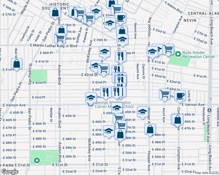 map of restaurants, bars, coffee shops, grocery stores, and more near 1009 East 43rd Street in Los Angeles