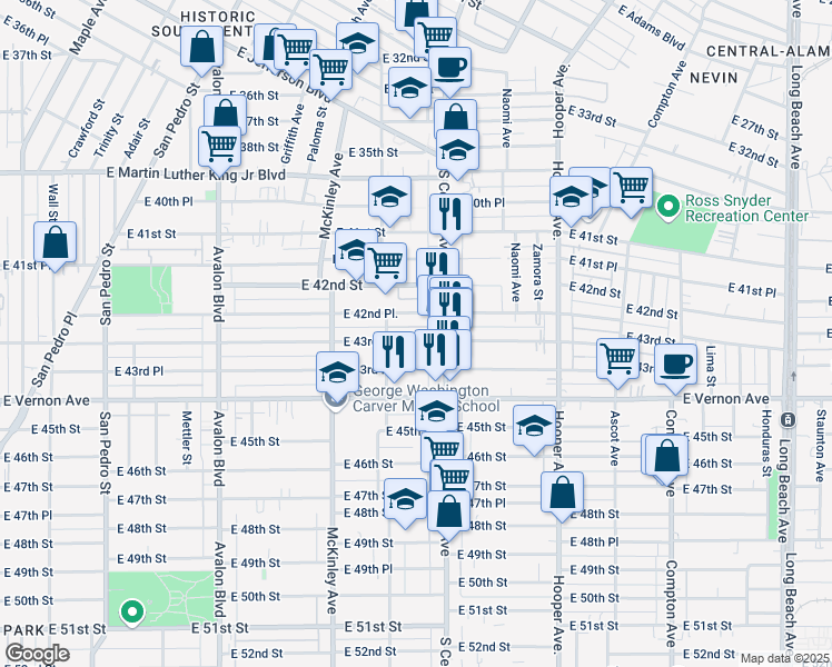 map of restaurants, bars, coffee shops, grocery stores, and more near 1027 East 43rd Street in Los Angeles