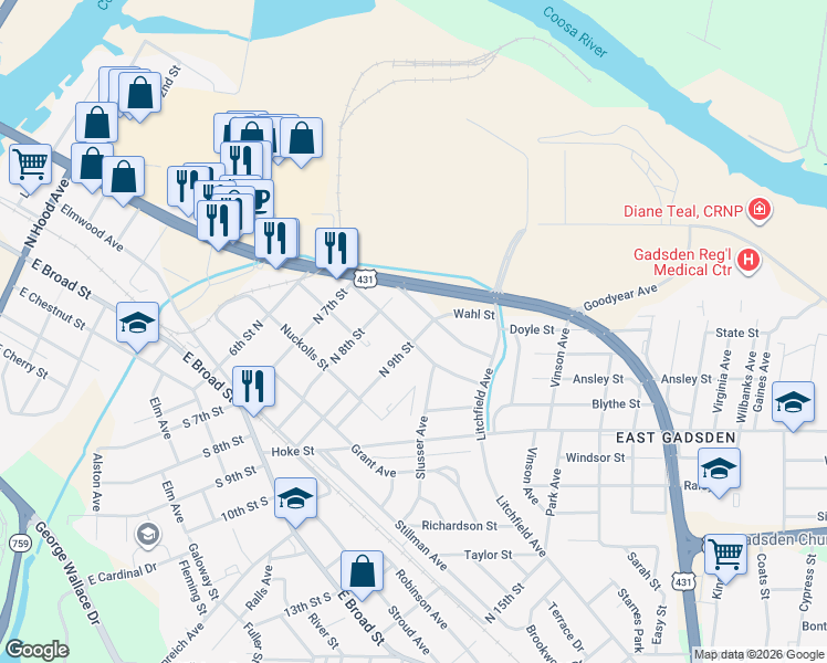 map of restaurants, bars, coffee shops, grocery stores, and more near 402 North 9th Street in Gadsden
