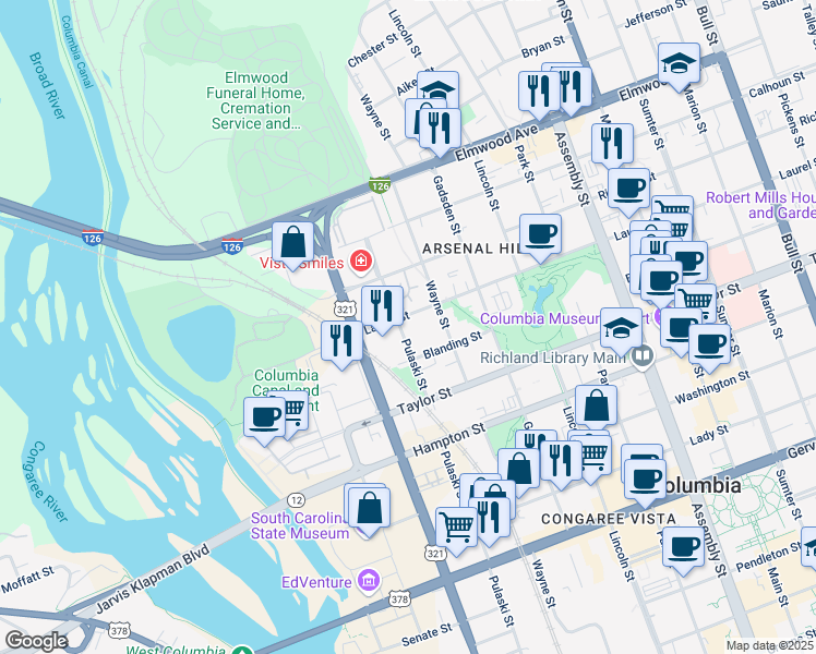 map of restaurants, bars, coffee shops, grocery stores, and more near 607 Laurel Street in Columbia