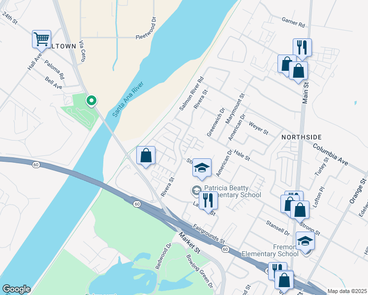 map of restaurants, bars, coffee shops, grocery stores, and more near 4510 Bella Court in Riverside