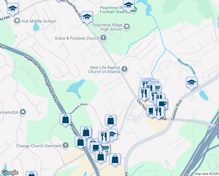 map of restaurants, bars, coffee shops, grocery stores, and more near 1725 Morningdale Circle Northwest in Duluth