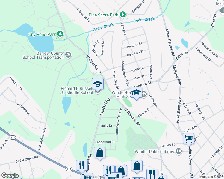 map of restaurants, bars, coffee shops, grocery stores, and more near 321 West Candler Street in Winder