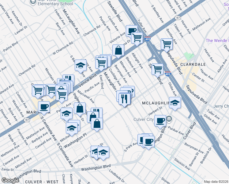 map of restaurants, bars, coffee shops, grocery stores, and more near 3907 McLaughlin Avenue in Los Angeles