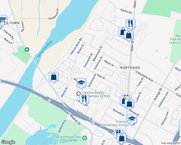 map of restaurants, bars, coffee shops, grocery stores, and more near 4290 Hale Street in Riverside