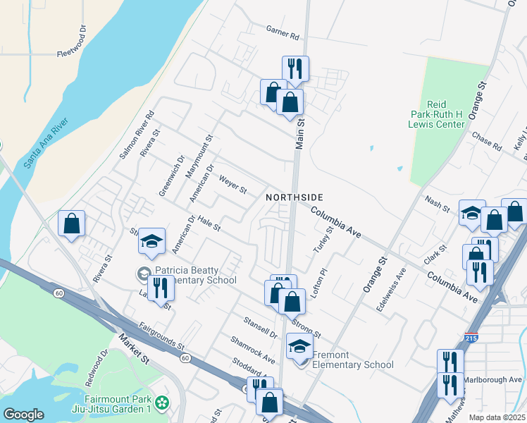 map of restaurants, bars, coffee shops, grocery stores, and more near 1315 Castledale Street in Riverside
