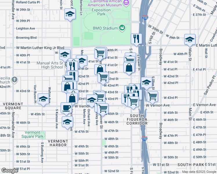 map of restaurants, bars, coffee shops, grocery stores, and more near 706 West 42nd Place in Los Angeles