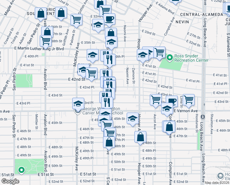 map of restaurants, bars, coffee shops, grocery stores, and more near 1139 East 43rd Street in Los Angeles