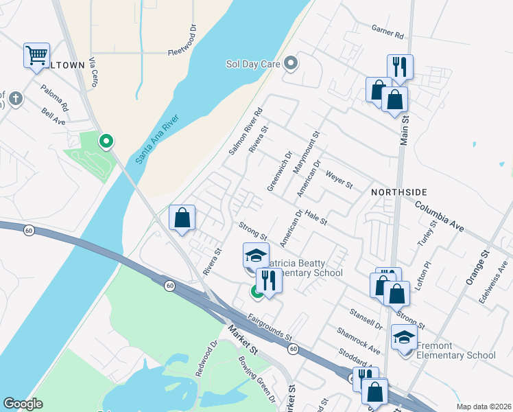 map of restaurants, bars, coffee shops, grocery stores, and more near 4438 Leonard Court in Riverside
