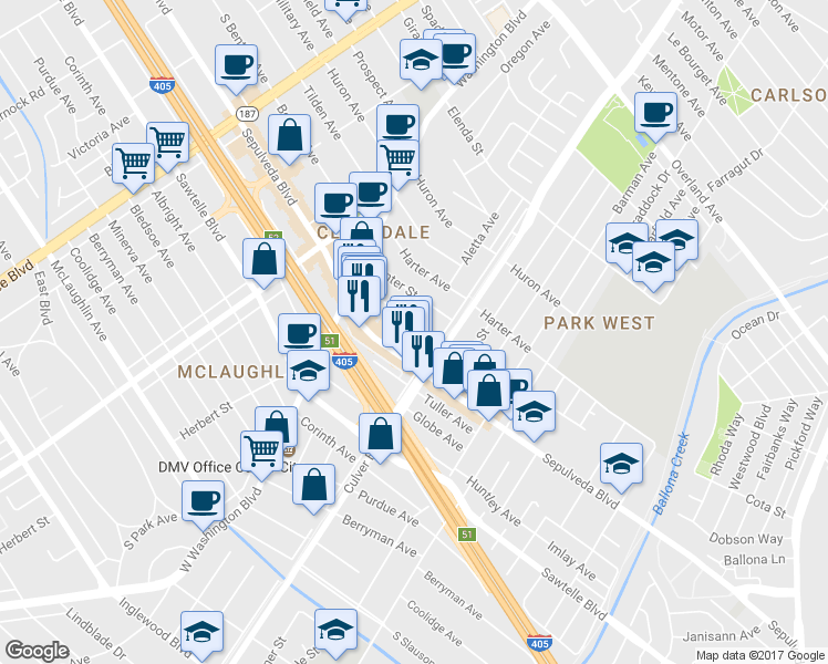 map of restaurants, bars, coffee shops, grocery stores, and more near 4183 Commonwealth Avenue in Culver City