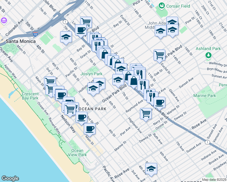 map of restaurants, bars, coffee shops, grocery stores, and more near 649 Ocean Park Boulevard in Santa Monica