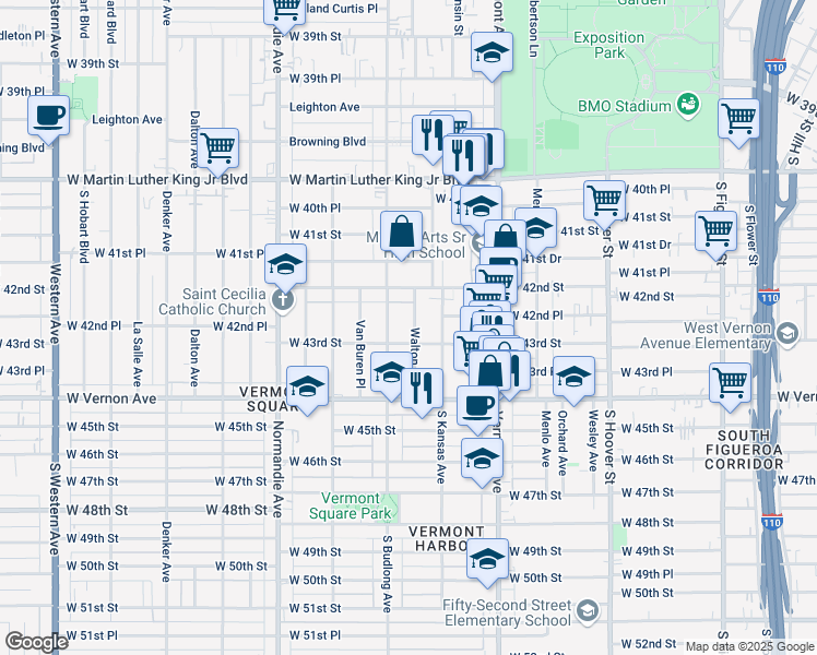 map of restaurants, bars, coffee shops, grocery stores, and more near 4265 Walton Avenue in Los Angeles
