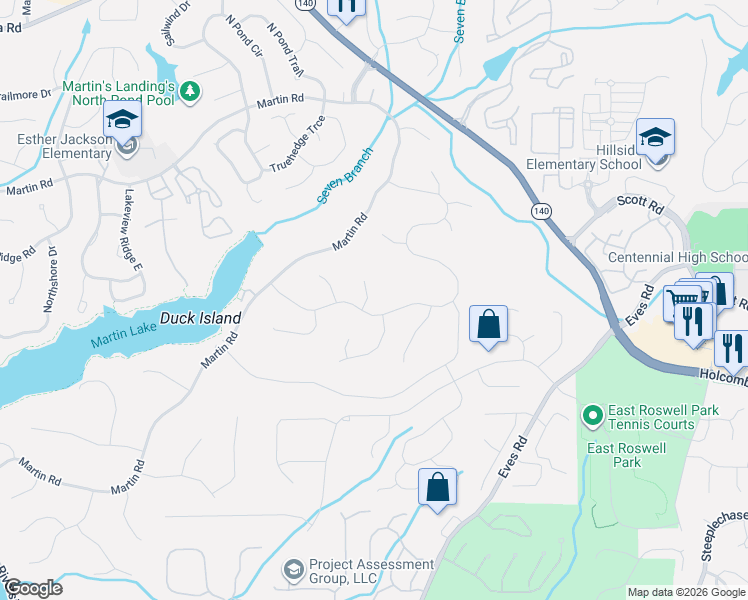 map of restaurants, bars, coffee shops, grocery stores, and more near 320 Clear Creek Court in Roswell