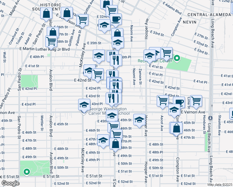 map of restaurants, bars, coffee shops, grocery stores, and more near 1138 East 42nd Place in Los Angeles