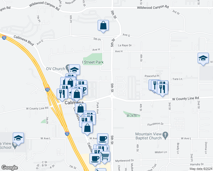 map of restaurants, bars, coffee shops, grocery stores, and more near 34261 Avenue J in Yucaipa