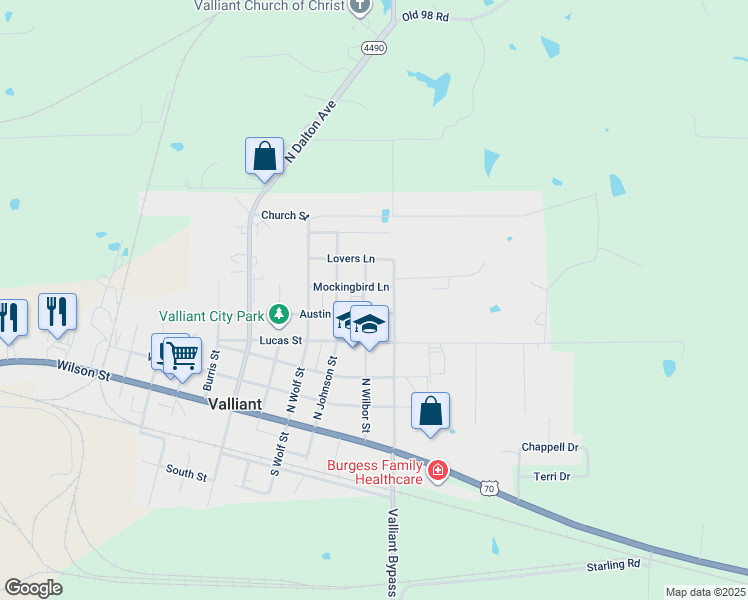 map of restaurants, bars, coffee shops, grocery stores, and more near 406 Wilbur Street in Valliant