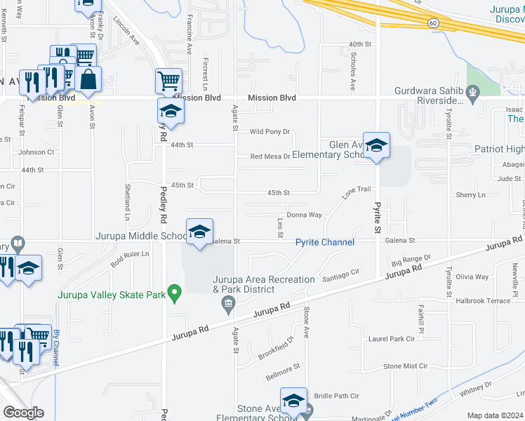map of restaurants, bars, coffee shops, grocery stores, and more near 8525 Donna Way in Riverside