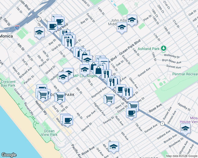 map of restaurants, bars, coffee shops, grocery stores, and more near 2640 Lincoln Boulevard in Santa Monica