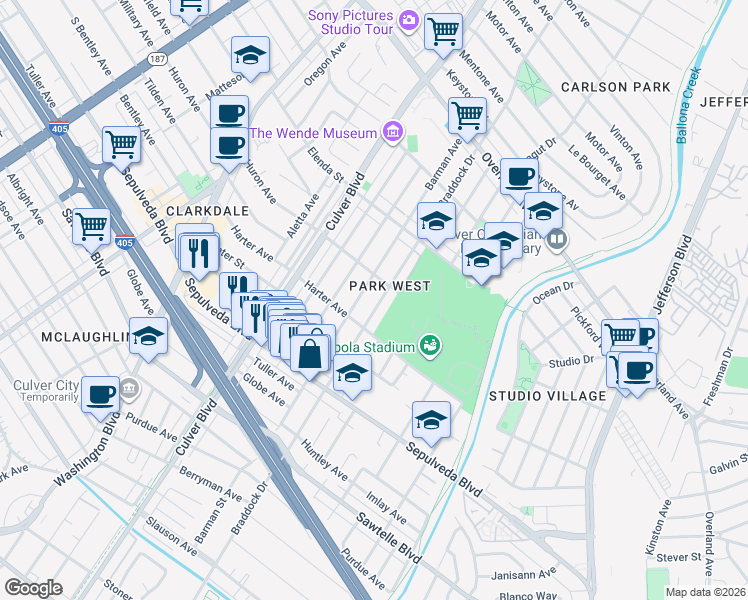 map of restaurants, bars, coffee shops, grocery stores, and more near 11027 Barman Avenue in Culver City
