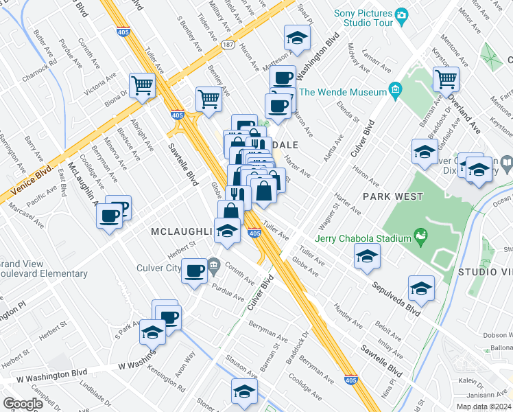 map of restaurants, bars, coffee shops, grocery stores, and more near 4131 1/2 Sepulveda Boulevard in Culver City