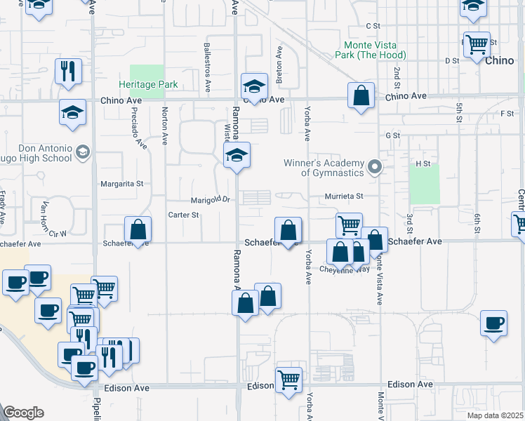 map of restaurants, bars, coffee shops, grocery stores, and more near 4560 Carter Court in Chino