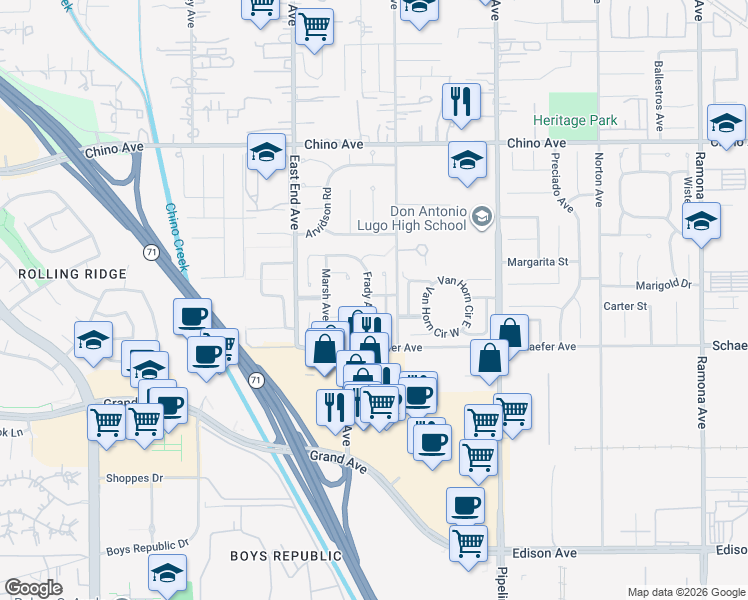 map of restaurants, bars, coffee shops, grocery stores, and more near 13581 Soper Avenue in Chino