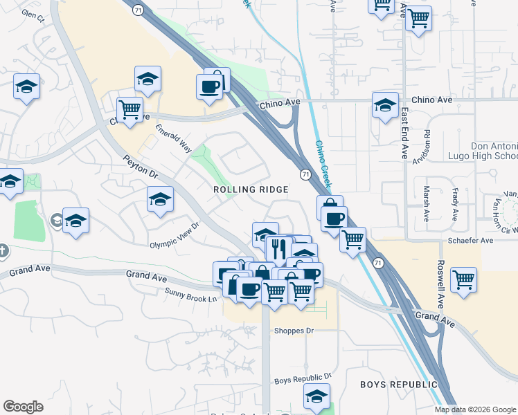 map of restaurants, bars, coffee shops, grocery stores, and more near in Chino Hills