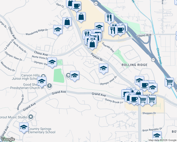 map of restaurants, bars, coffee shops, grocery stores, and more near 13563 Pageantry Place in Chino Hills