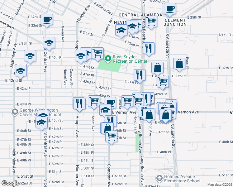 map of restaurants, bars, coffee shops, grocery stores, and more near 1550 East 42nd Street in Los Angeles