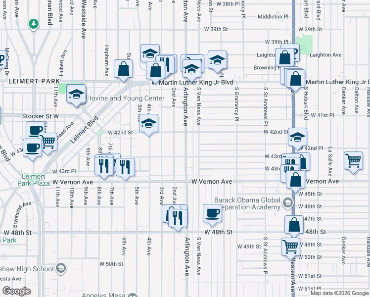 map of restaurants, bars, coffee shops, grocery stores, and more near 4225 Arlington Avenue in Los Angeles