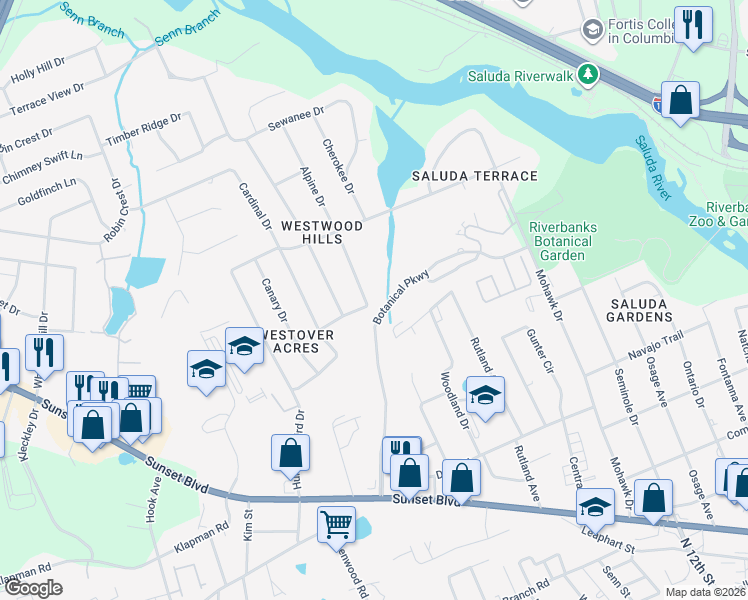 map of restaurants, bars, coffee shops, grocery stores, and more near 1308 Alpine Drive in West Columbia