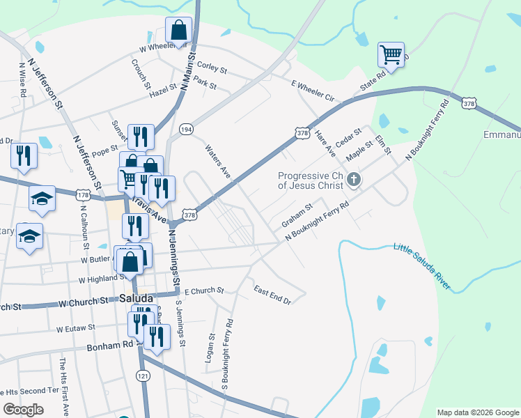 map of restaurants, bars, coffee shops, grocery stores, and more near 100 Bonham Avenue in Saluda