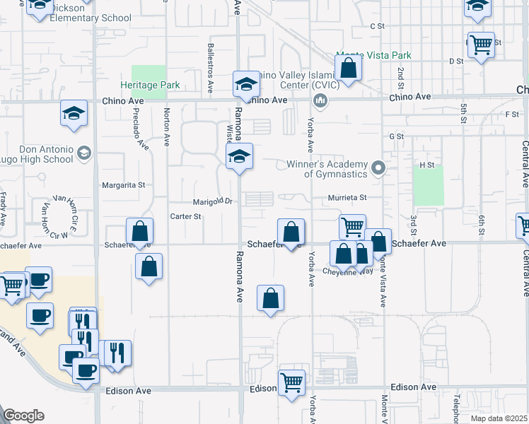 map of restaurants, bars, coffee shops, grocery stores, and more near 4560 Carter Court in Chino