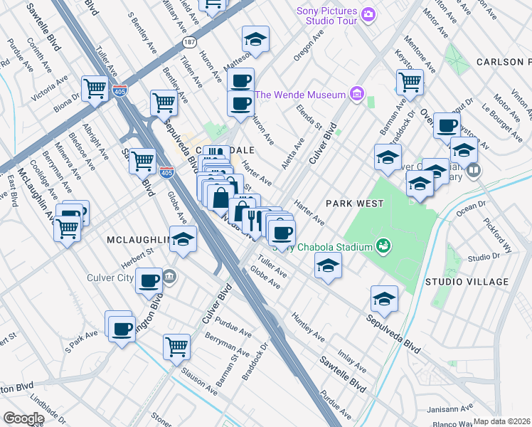 map of restaurants, bars, coffee shops, grocery stores, and more near 4178 Commonwealth Avenue in Culver City