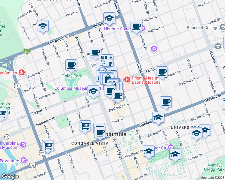map of restaurants, bars, coffee shops, grocery stores, and more near 1530 Main Street in Columbia