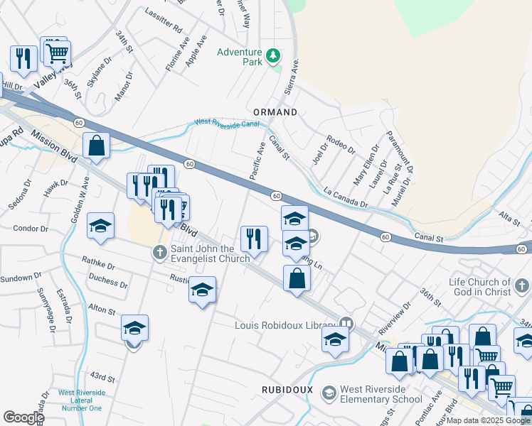 map of restaurants, bars, coffee shops, grocery stores, and more near 6056 Humble Street in Riverside