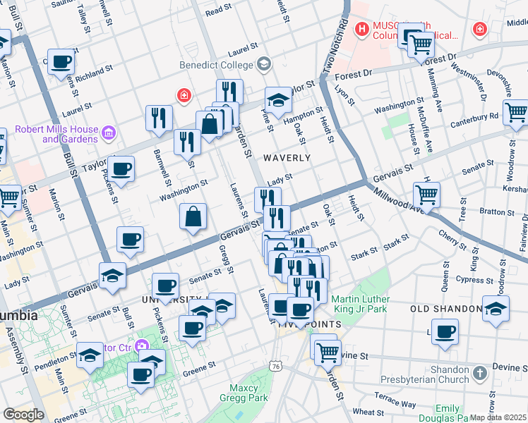 map of restaurants, bars, coffee shops, grocery stores, and more near 2025 Gervais Street in Columbia