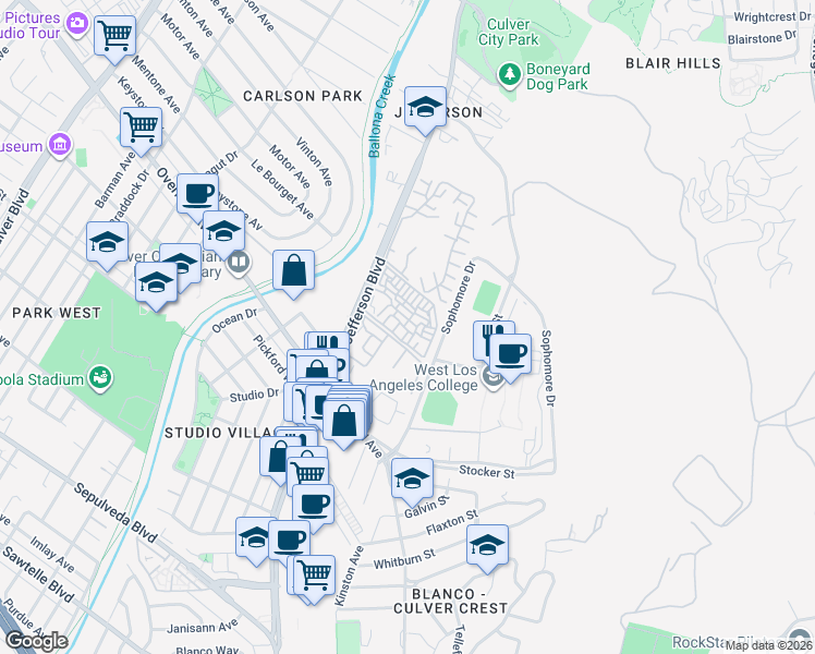 map of restaurants, bars, coffee shops, grocery stores, and more near 4909 Indianwood Road in Culver City