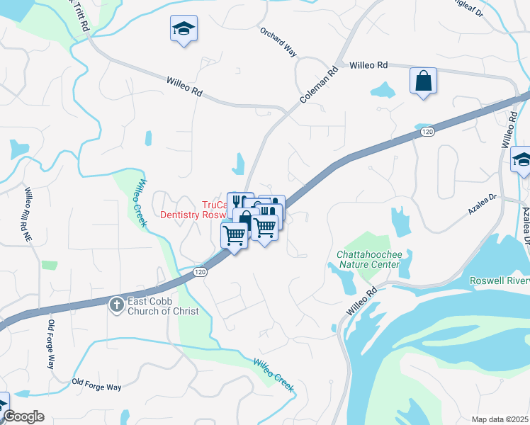 map of restaurants, bars, coffee shops, grocery stores, and more near 4040 Connolly Court in Roswell