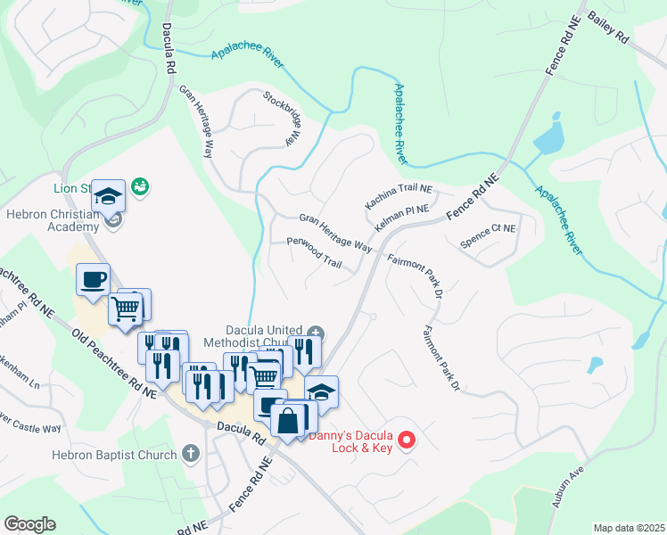 map of restaurants, bars, coffee shops, grocery stores, and more near 332 Penwood Trail in Dacula