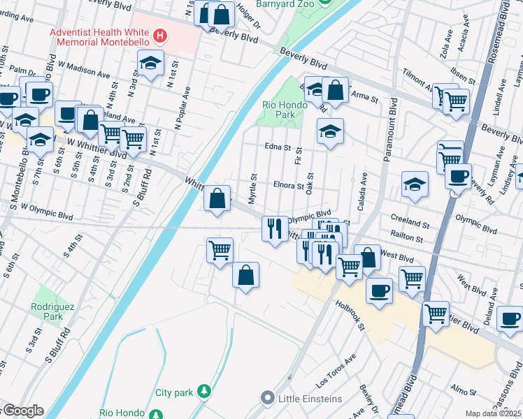 map of restaurants, bars, coffee shops, grocery stores, and more near 4830 Orange Street in Pico Rivera
