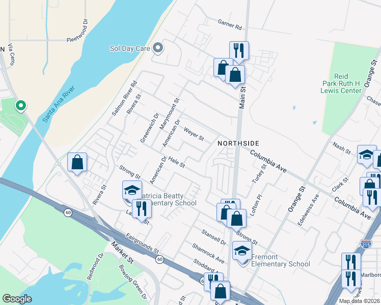 map of restaurants, bars, coffee shops, grocery stores, and more near 4060 Strawberry Street in Riverside