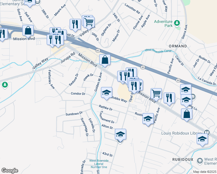 map of restaurants, bars, coffee shops, grocery stores, and more near 3855 Stobbs Way in Riverside
