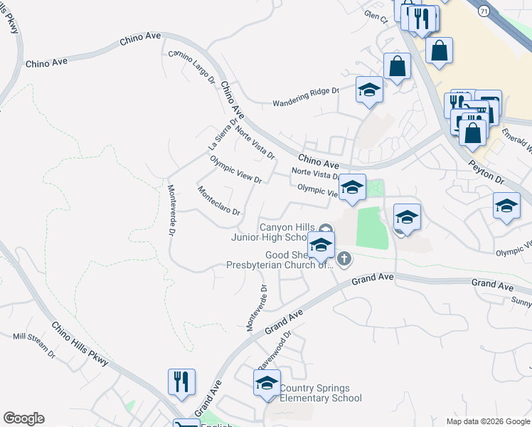 map of restaurants, bars, coffee shops, grocery stores, and more near 13582 Martinique Drive in Chino Hills