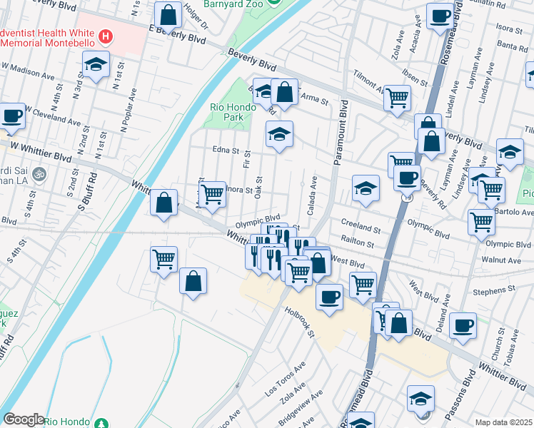 map of restaurants, bars, coffee shops, grocery stores, and more near 4819 Pine Street in Pico Rivera