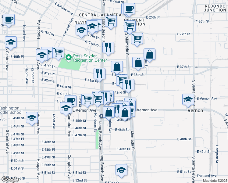 map of restaurants, bars, coffee shops, grocery stores, and more near 1745 East 42nd Street in Los Angeles