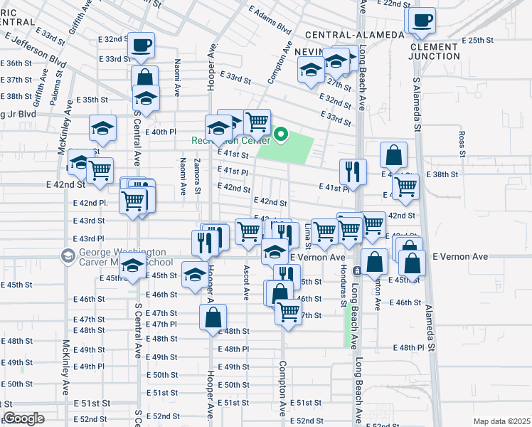 map of restaurants, bars, coffee shops, grocery stores, and more near 1402 East 42nd Street in Los Angeles