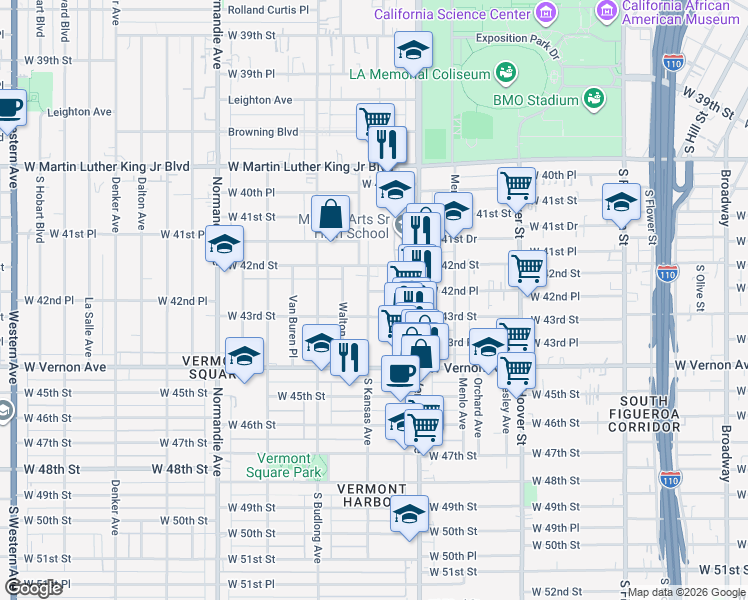 map of restaurants, bars, coffee shops, grocery stores, and more near 1037 1/2 West 42nd Place in Los Angeles